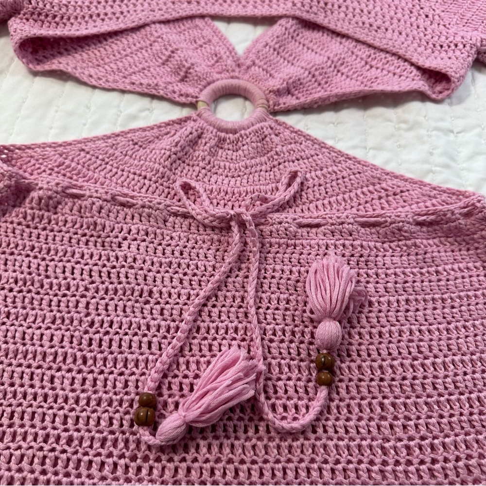 Beginning Boutique Long Sleeves Drawstrings Cut Out Pink Crochet Mini Dress - Picture 16 of 16